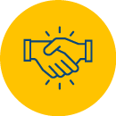 A yellow circle with an icon of shaking hands 
